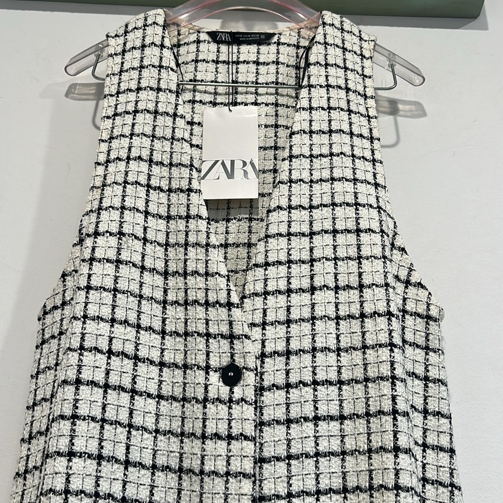 Zara Black and White Checkered pinafore mini dress Women's size medium new w tag - Picture 5 of 6